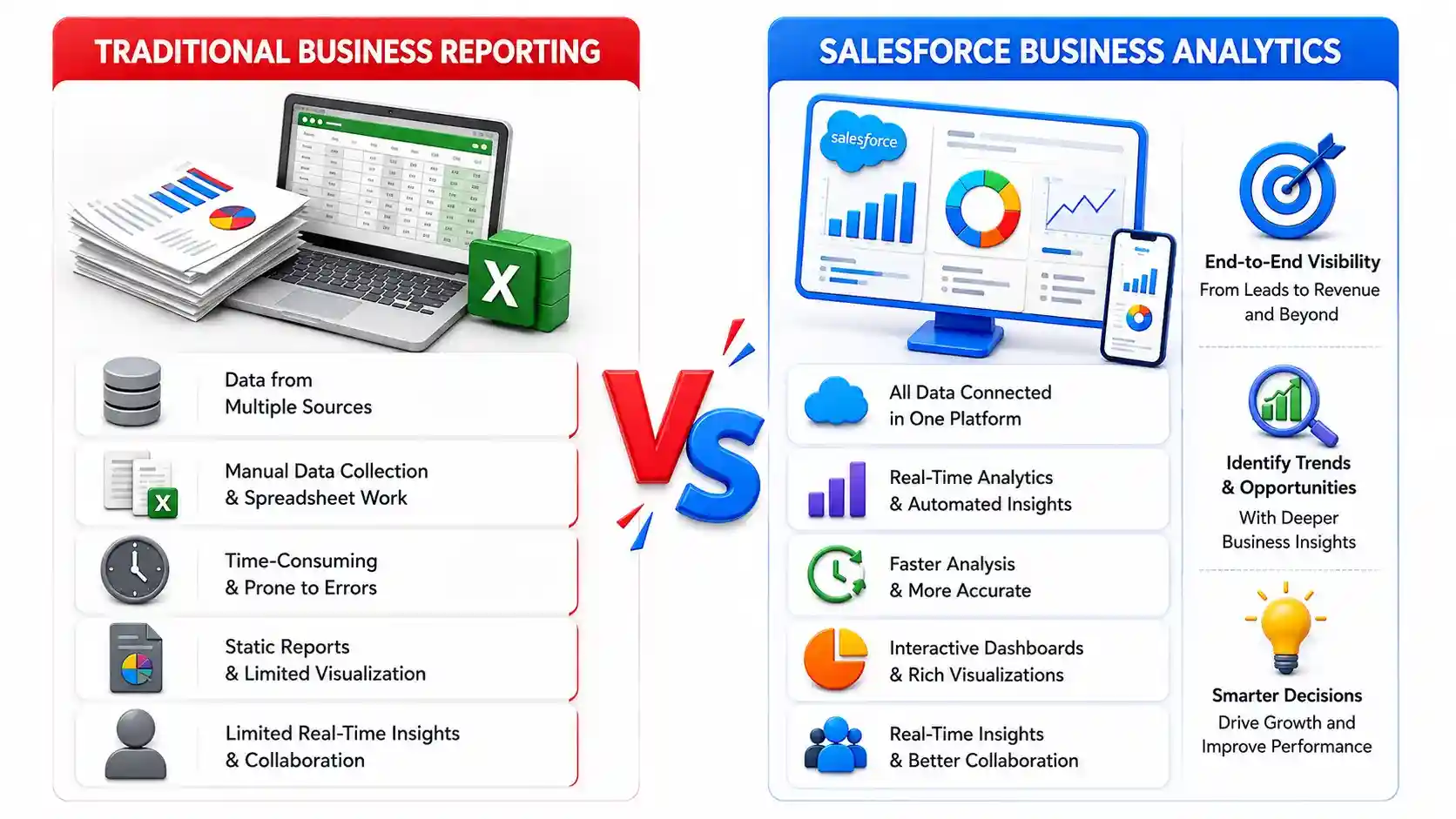 Salesforce Business Analytics vs Traditional Business Reporting showing dashboards, CRM data, KPIs, visualizations, and real-time business insights.